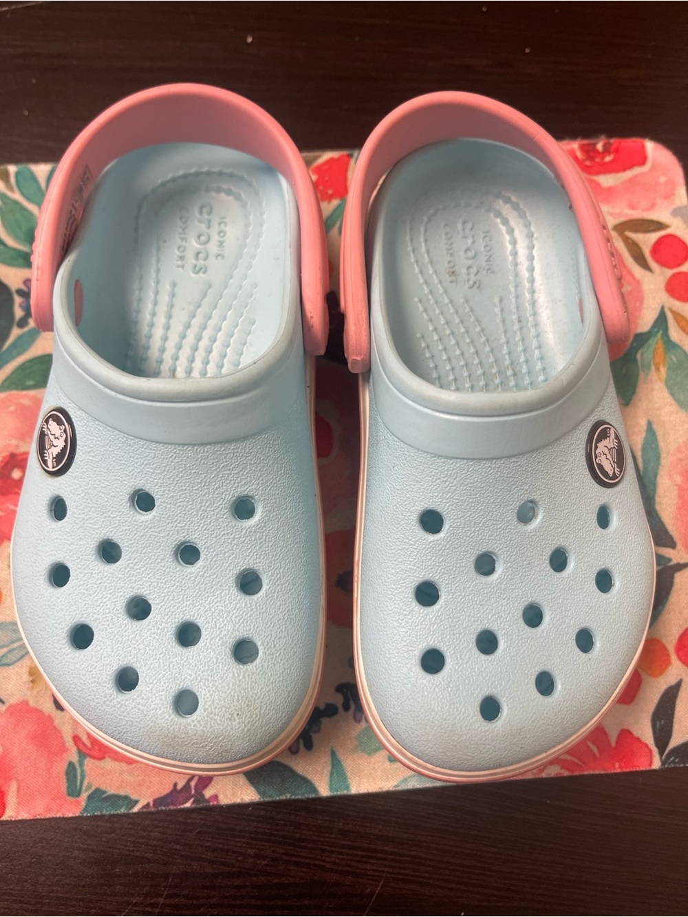 CROCS Kids Light Blue Clogs with Pink Heel Straps